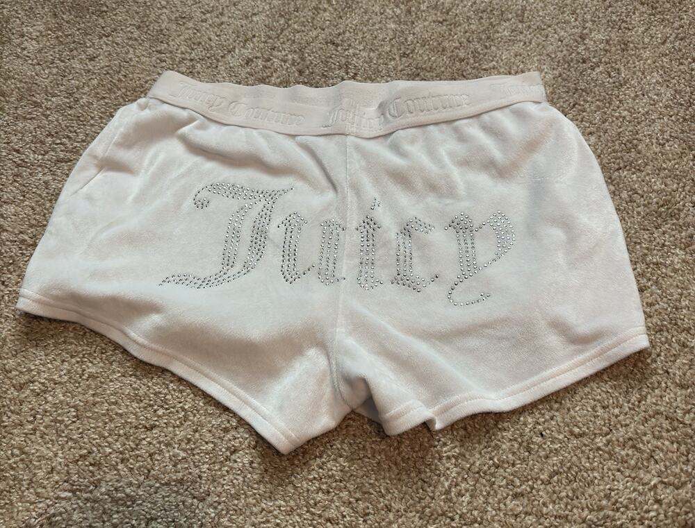 Juicy Couture White Velour Booty Rhinestone Bling Shorts Logo Waistband Y2K